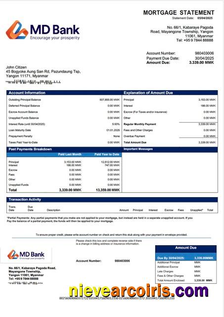 Myanmar MD Bank mortgage statement Word and PDF template